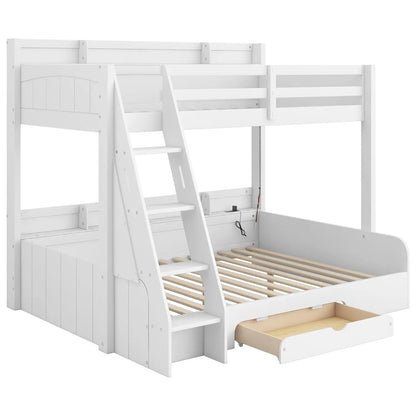 Twin Over Full Bunk Bed with Storage Shelves LED Charging Station & Drawer Solid Wood for Kids Teens Adults White, Customized
