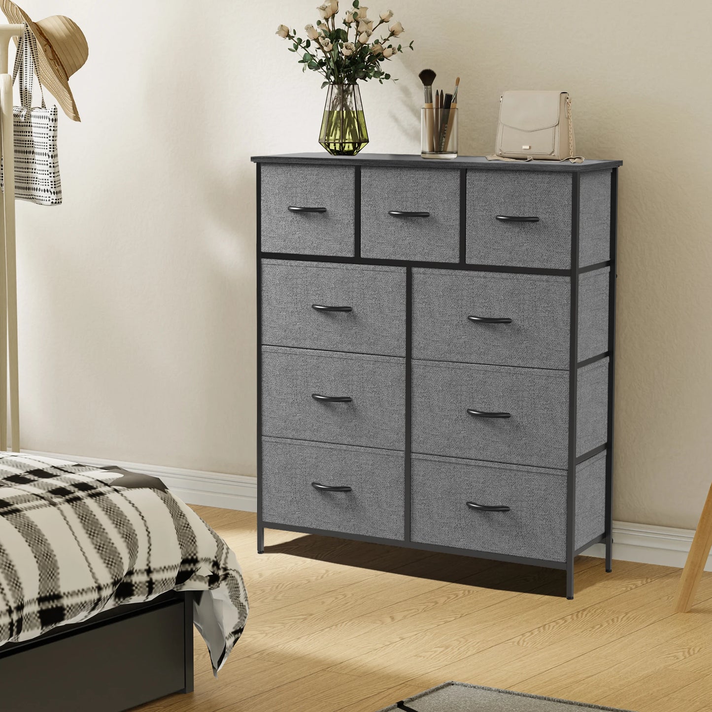 TALL CHEST DRESSER W/9 FABRIC STORAGE DRAWER, WARDROBE