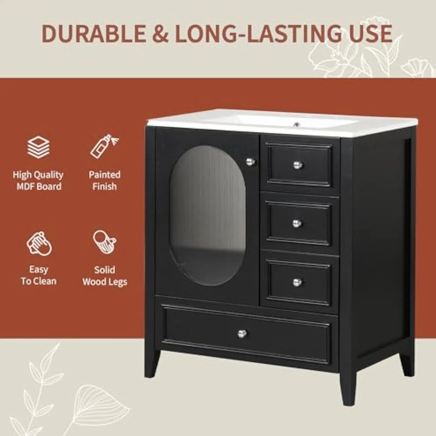 30in - SOLID WOOD SINGLE SINK BATHROOM VANITY CABINET