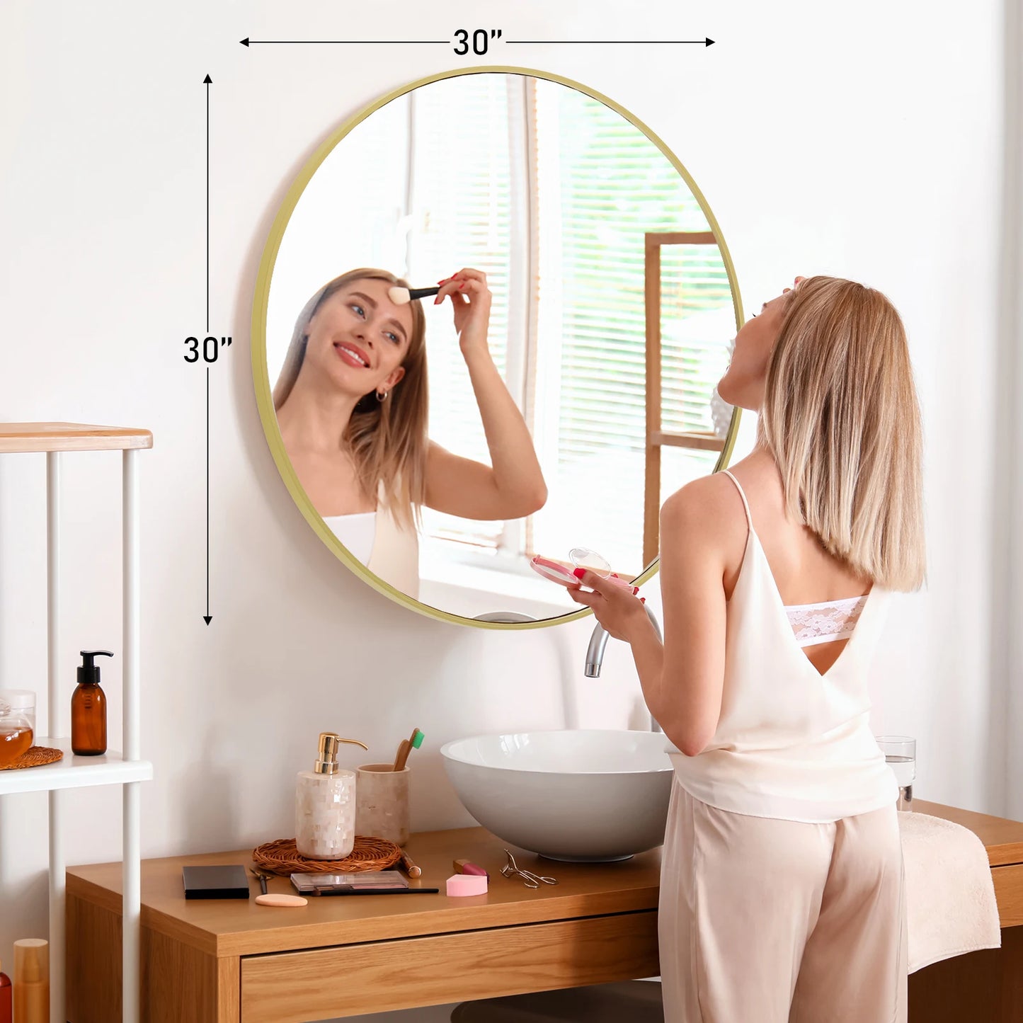 30in - LARGE ROUND TEMPERED GLASS FRAMED VANITY MIRROR