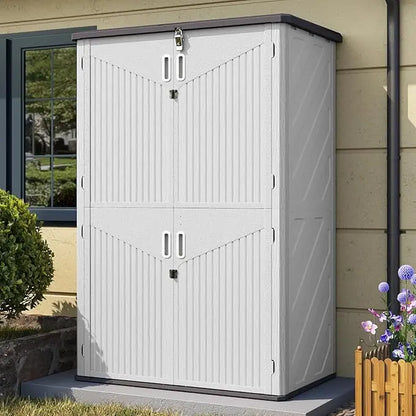 51.96in x 74.8in x 28.34in - RESIN OUTDOOR STORAGE SHED W/METAL SHELF & FLOOR KIT