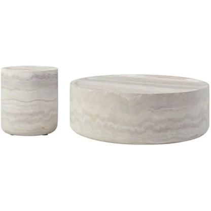 Set of 2 - ROUND TEXTURED TRAVERTINE ACCENT TABLES