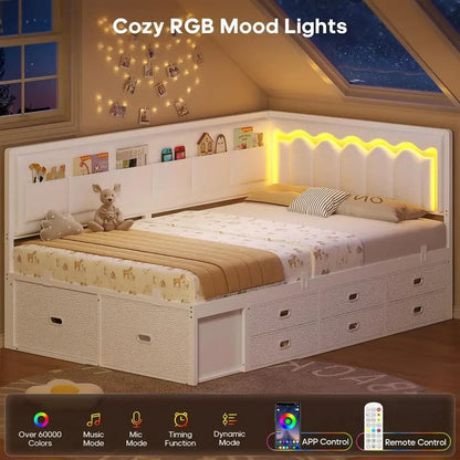 White Twin Bed, 8-Drawers, 6-Storage Pockets, Daybed w/Storage