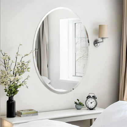 Frameless Silver Beveled Edge Oval Wall Mirror