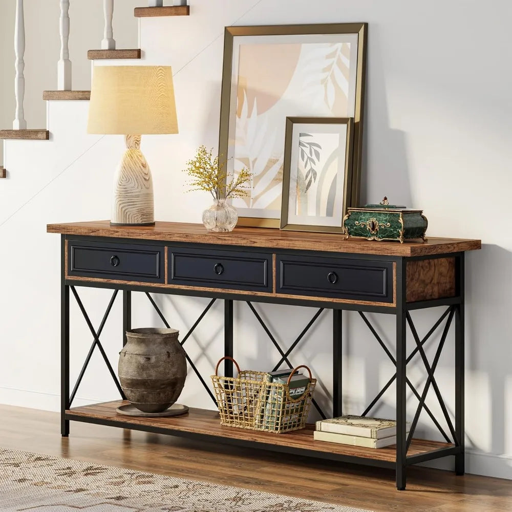 34.65in x 70.86in - EXTRA LONG FARMHOUSE STYLE CONSOLE TABLE, W/3-DRAWERS