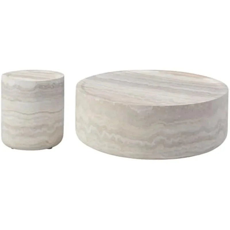 Set of 2 - ROUND TEXTURED TRAVERTINE ACCENT TABLES