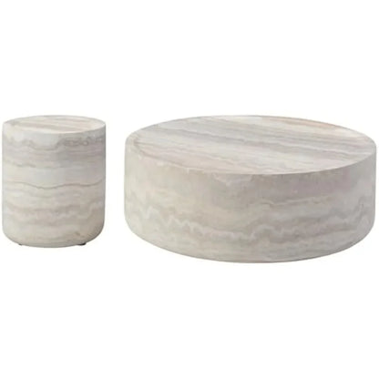 Set of 2 - ROUND TEXTURED TRAVERTINE ACCENT TABLES