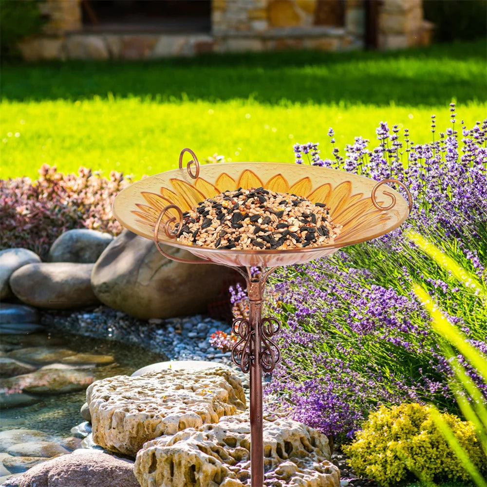 12.2in x 24.8in - GLASS BIRD BATH/FEEDER W/METAL STAKE