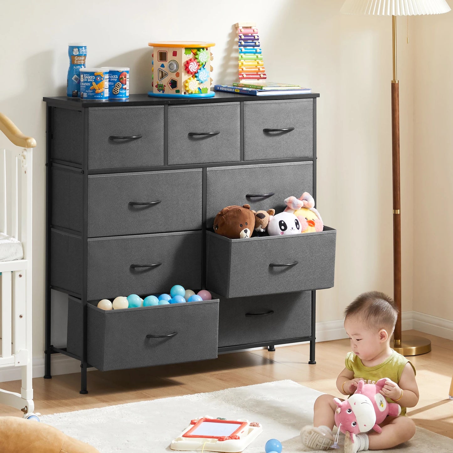 TALL CHEST DRESSER W/9 FABRIC STORAGE DRAWER, WARDROBE