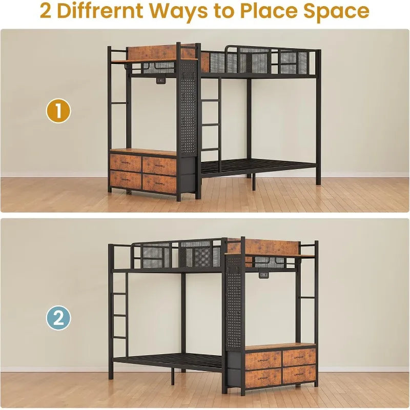 Metal Bunk Bed, Twin Over Twin, W/Hall Tree