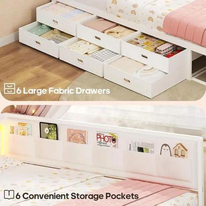 White Twin Bed, 8-Drawers, 6-Storage Pockets, Daybed w/Storage