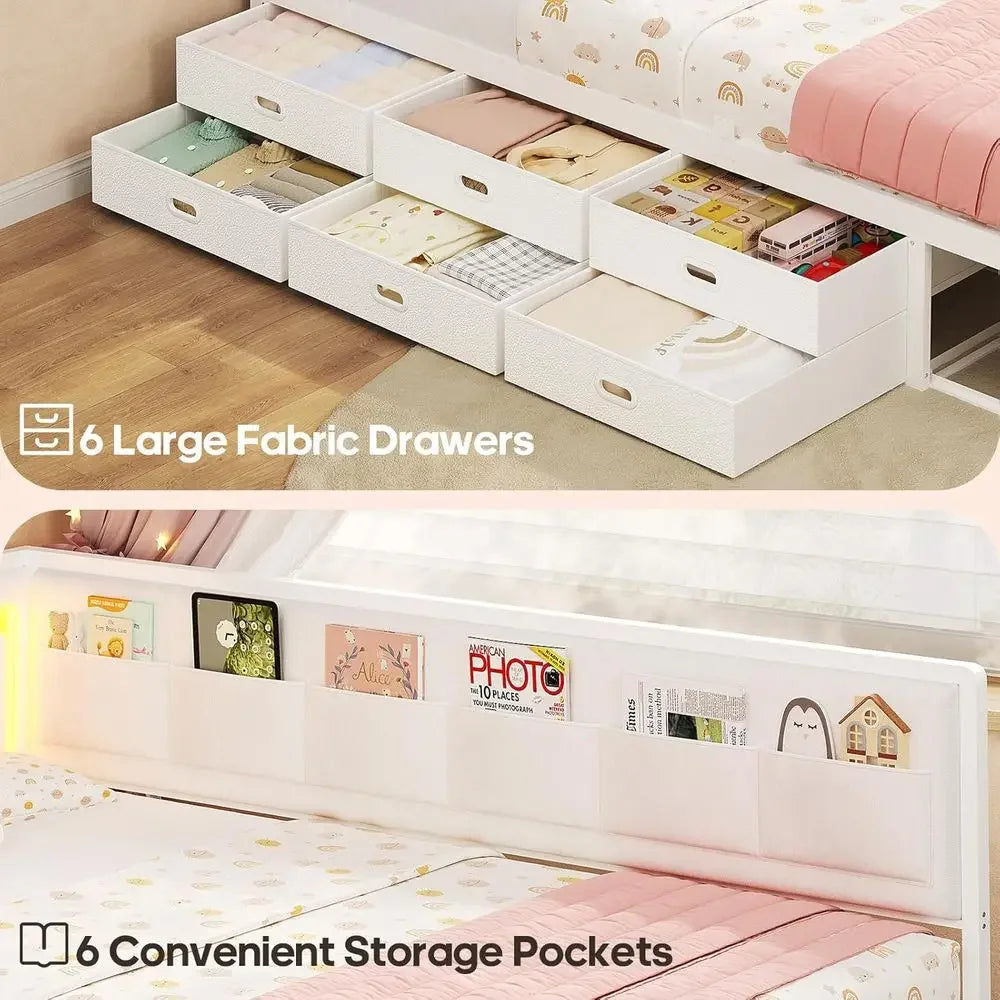 White Twin Bed, 8-Drawers, 6-Storage Pockets, Daybed w/Storage