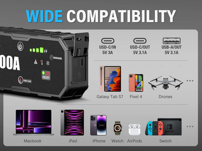 12V, 6000A - PORTABLE JUMP STARTER POWER BANK CHARGING DEVICE