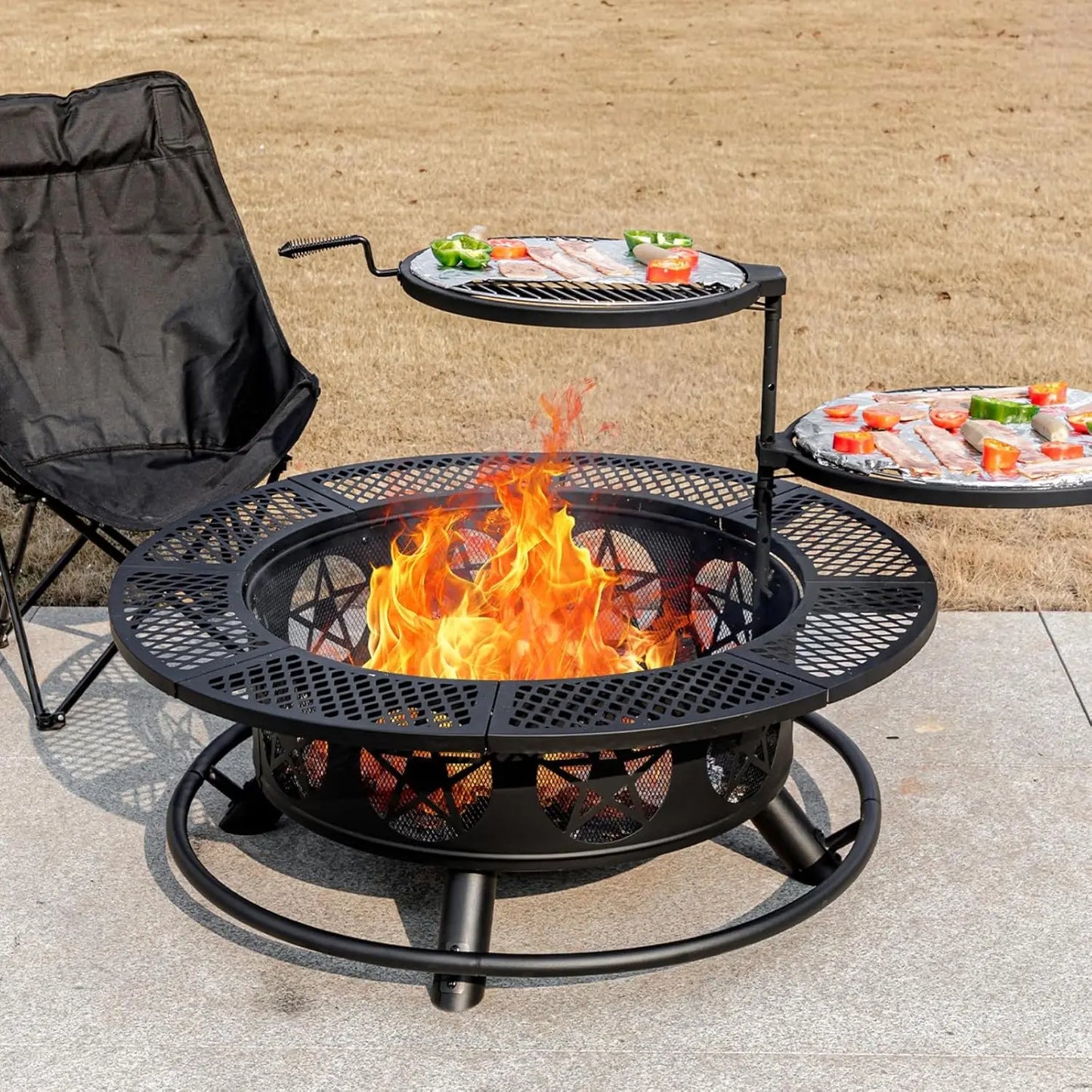 36in x 36in x 29in - WOOD BURNING FIRE PIT W/2-GRILLS, POKER & LID