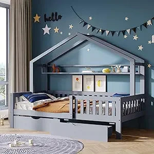 TWIN SIZE WOODEN BED W/STORAGE DRAWERS & SHELF