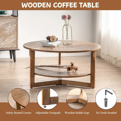 35in x 35in x 17.8in - 2-TIER ROUND RUSTIC WOODEN COFFEE TABLE W/STORAGEe Table for Living Room, 2 Tier Circle Coffee Table with Storage, Rustic Natural Coffee Table (35" Dx35 Wx18 H)