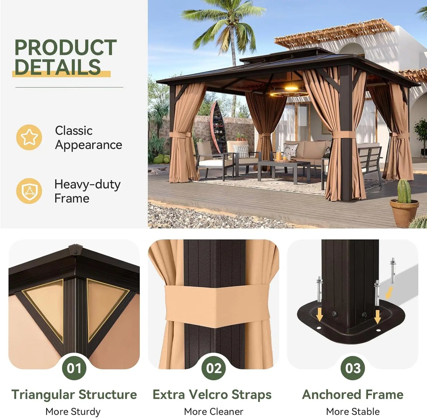 12-Ft x 10-Ft - Hardtop Gazebo, Aluminum Frame Permanent Pavilion w/Curtains & Netting