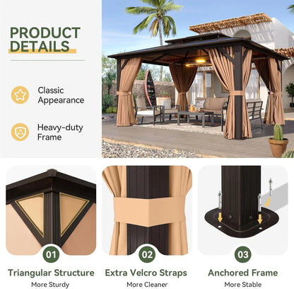 12-Ft x 10-Ft - Hardtop Gazebo, Aluminum Frame Permanent Pavilion w/Curtains & Netting