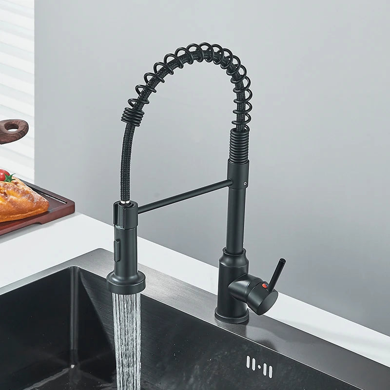 Black Flexible Kitchen Faucet Pull Down Spring Nozzle