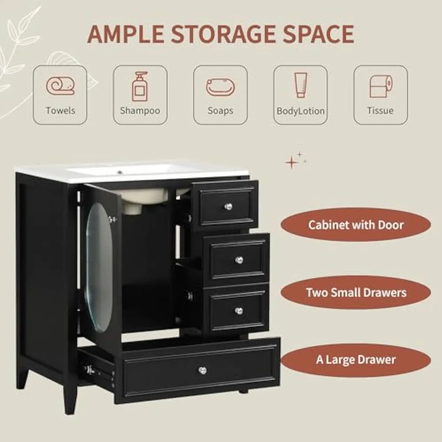 30in - SOLID WOOD SINGLE SINK BATHROOM VANITY CABINET