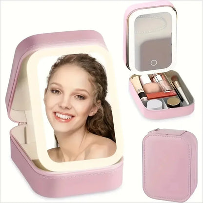1X/10X MAGNIFICATION PINK FAUX LEATHER LED COMPACT MIRROR