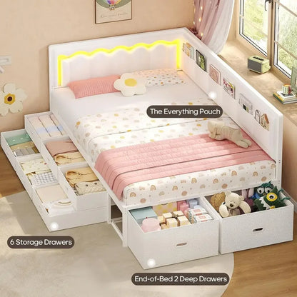 White Twin Bed, 8-Drawers, 6-Storage Pockets, Daybed w/Storage