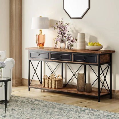34.65in x 70.86in - EXTRA LONG FARMHOUSE STYLE CONSOLE TABLE, W/3-DRAWERS