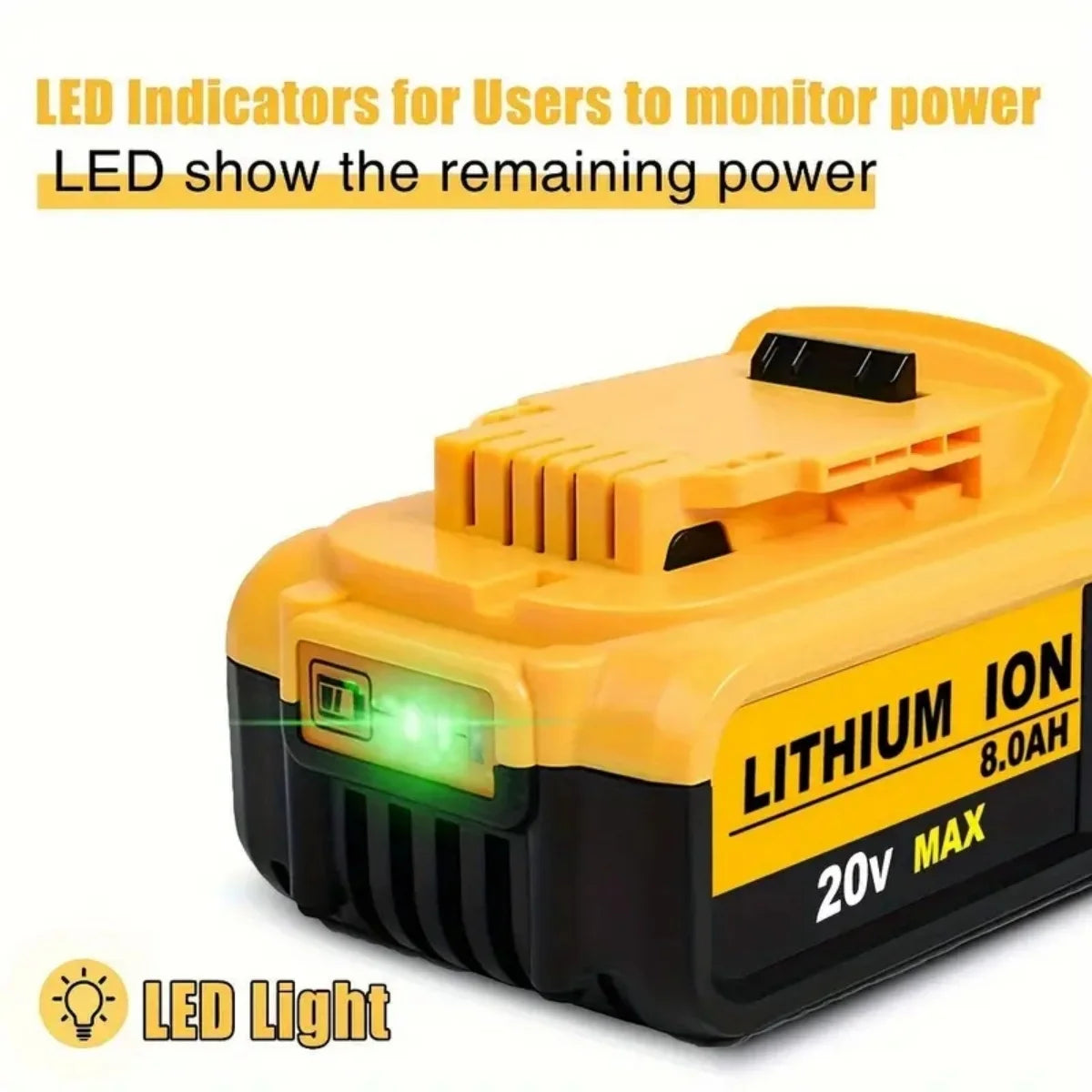 2-PACK, 20V, 8000mAh - REPLACEMENT LITHIUM BATTERIES TO FIT DEWALT TOOLS