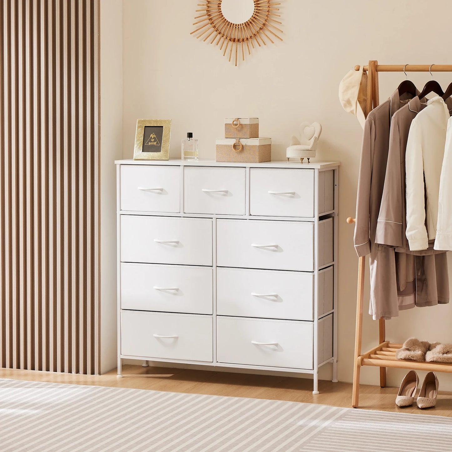 TALL CHEST DRESSER W/9 FABRIC STORAGE DRAWER, WARDROBE