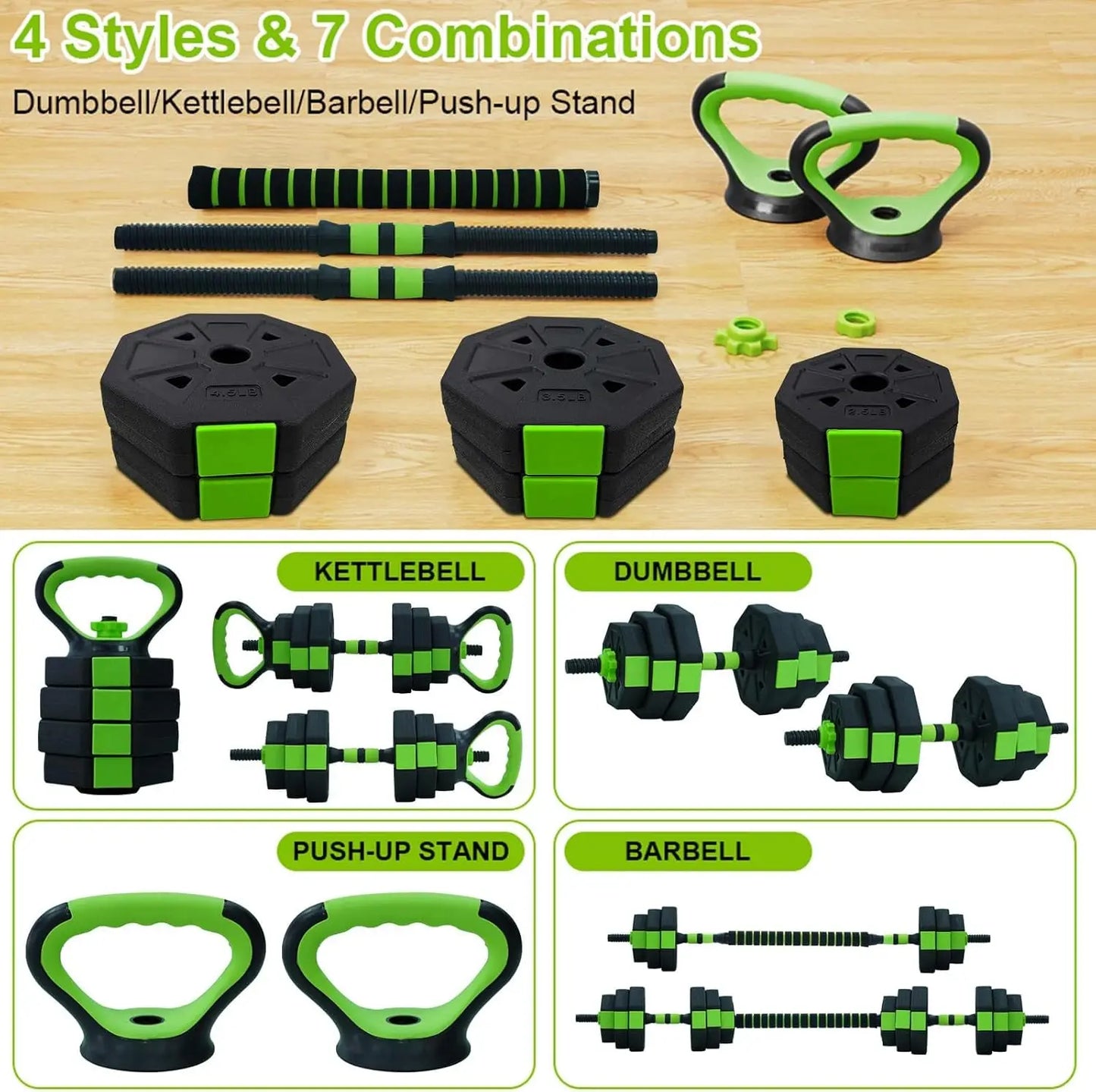 4-IN-1 66lbs/88lbs - ADJUSTABLE WEIGHT KETTLEBELL SET BARBELL/PUSH-UP STAND