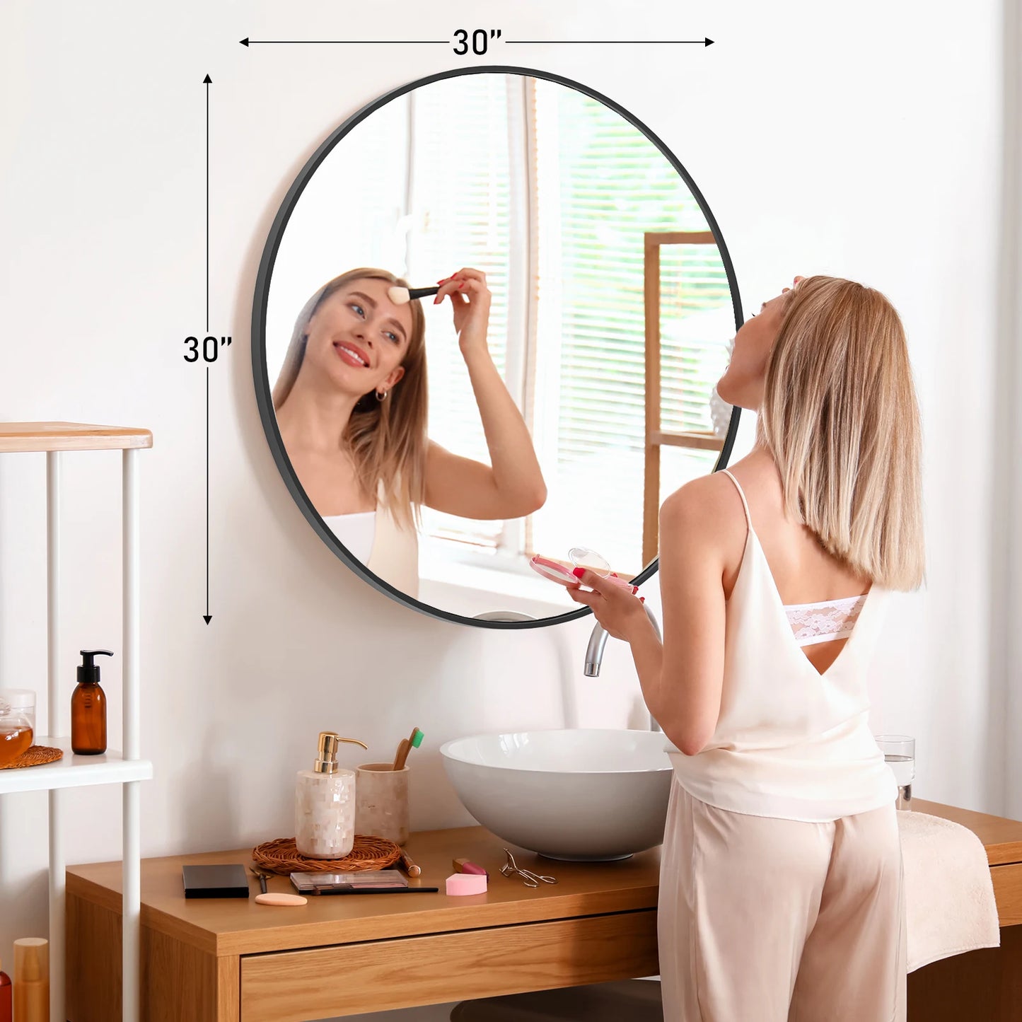 30in - LARGE ROUND TEMPERED GLASS FRAMED VANITY MIRROR