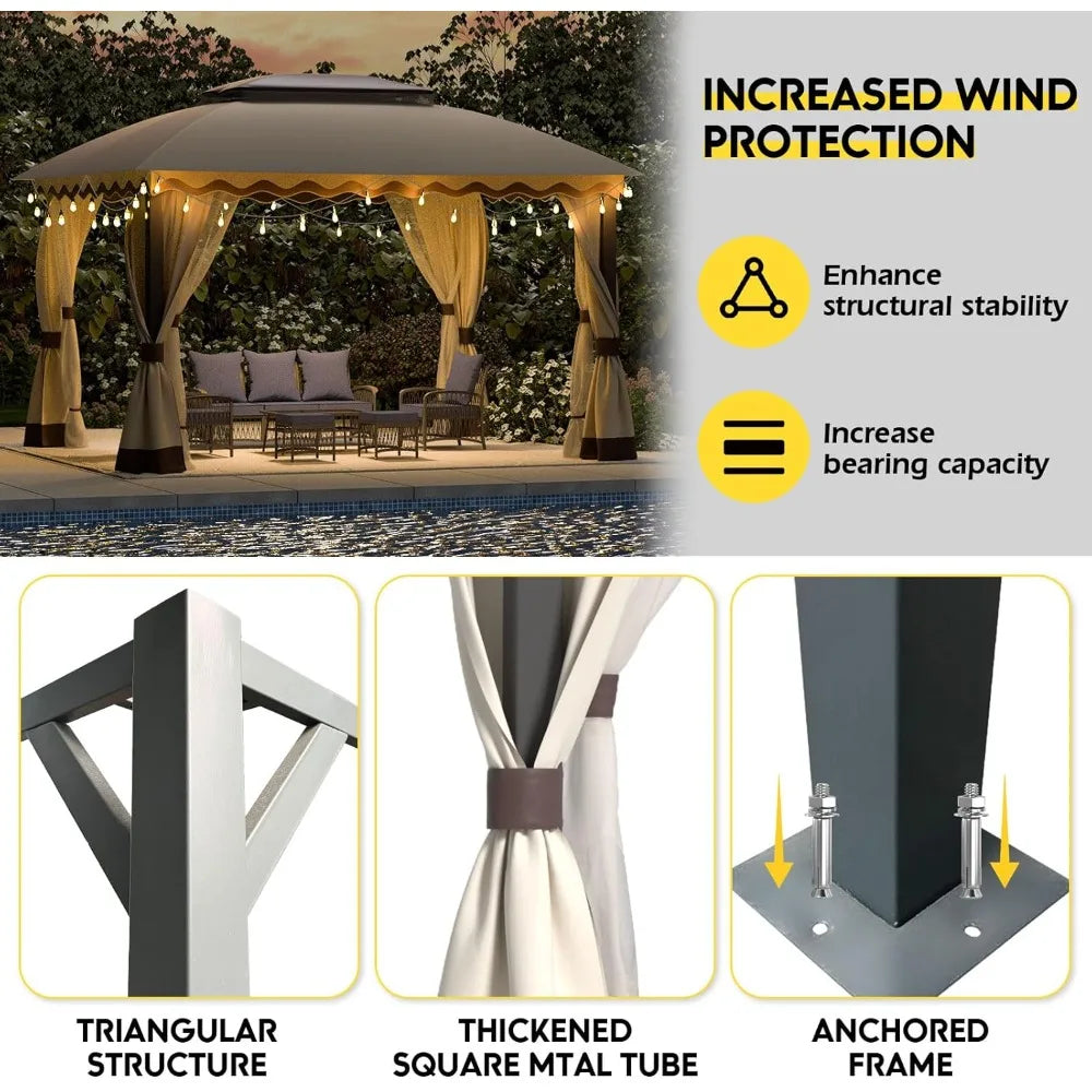 10ft ×13ft -  DOUBLE ROOF STEEL OUTDOOR GAZEBO W/MOSQUITO NETTING