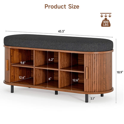 43.3in - SHOE STORAGE BENCH ORGANIZER W/STORAGE SHELVES & REMOBVhoe Storage Bench, 3 Tier Shoe Rack Bench Organizer with Storage, Cushion and Sliding Door Removable