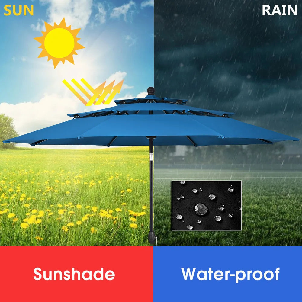 10ft, 3-Tier - OUTDOOR BLUE DOUBLE-SIDED PATIO TABLE UMBRELLAS