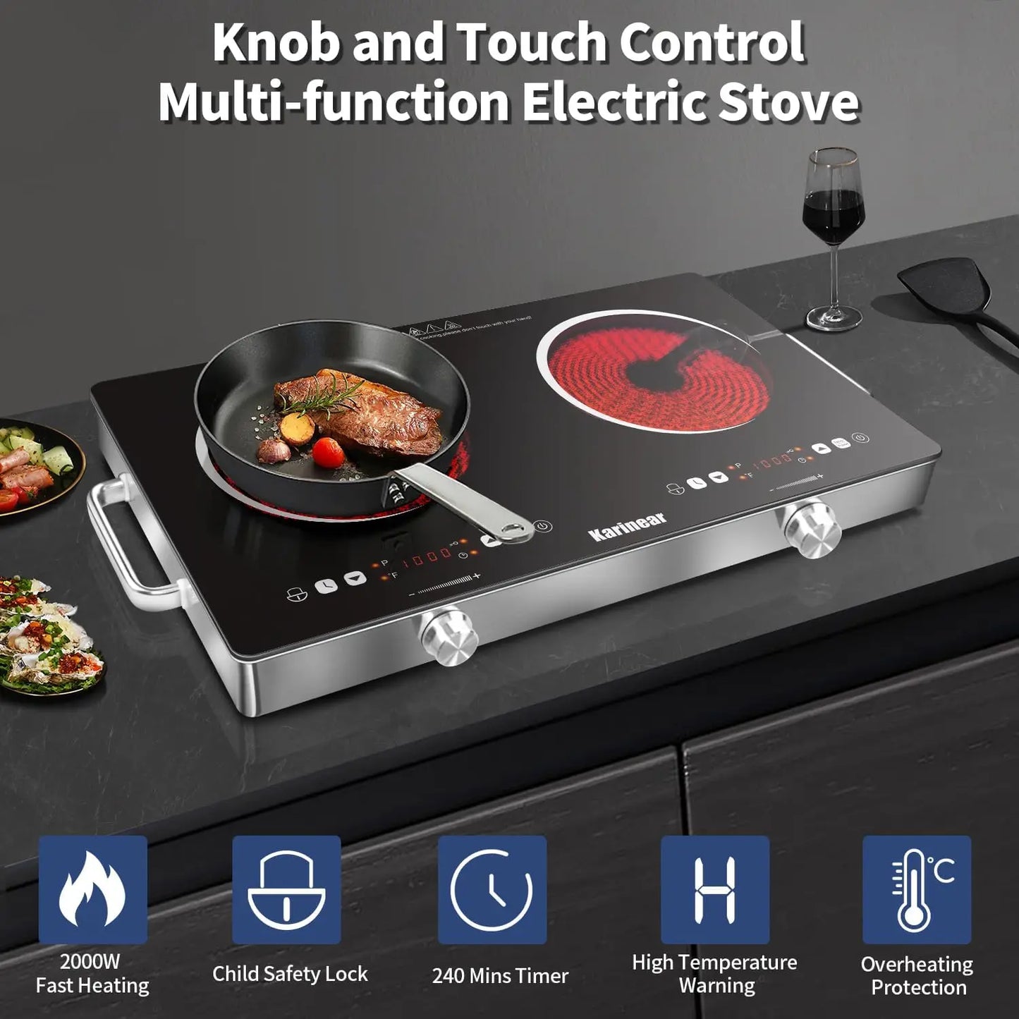 56cm, 240 Volts - Countertop Ceramic Electric Hob 2-Zones, 3200W Plug-in W/Safety Lock