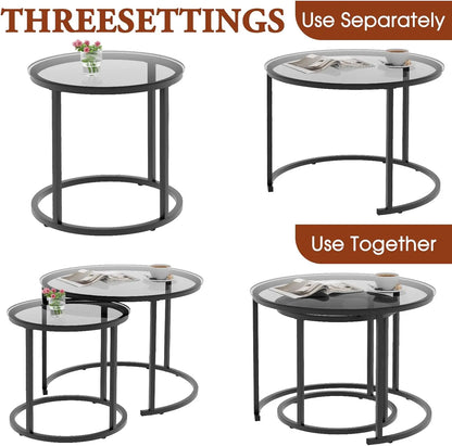 2pcs, 23.6in x 23.6in x 17.7in - GREY GLASS SMALL ROUND NESTING COFFEE TABLE