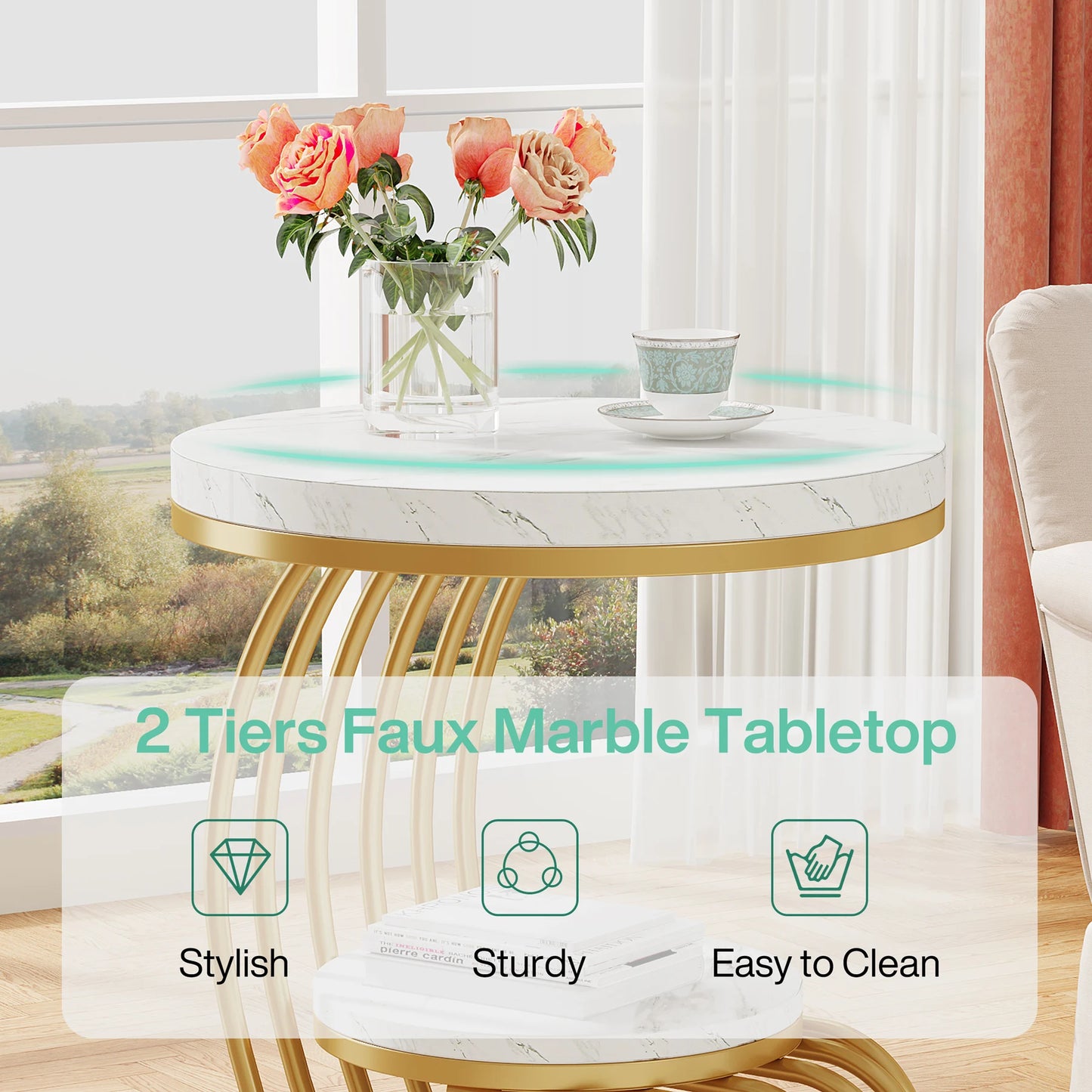 2-Tiers - GOLD FRAME ROUND WHITE FAUX MARBLE TOP