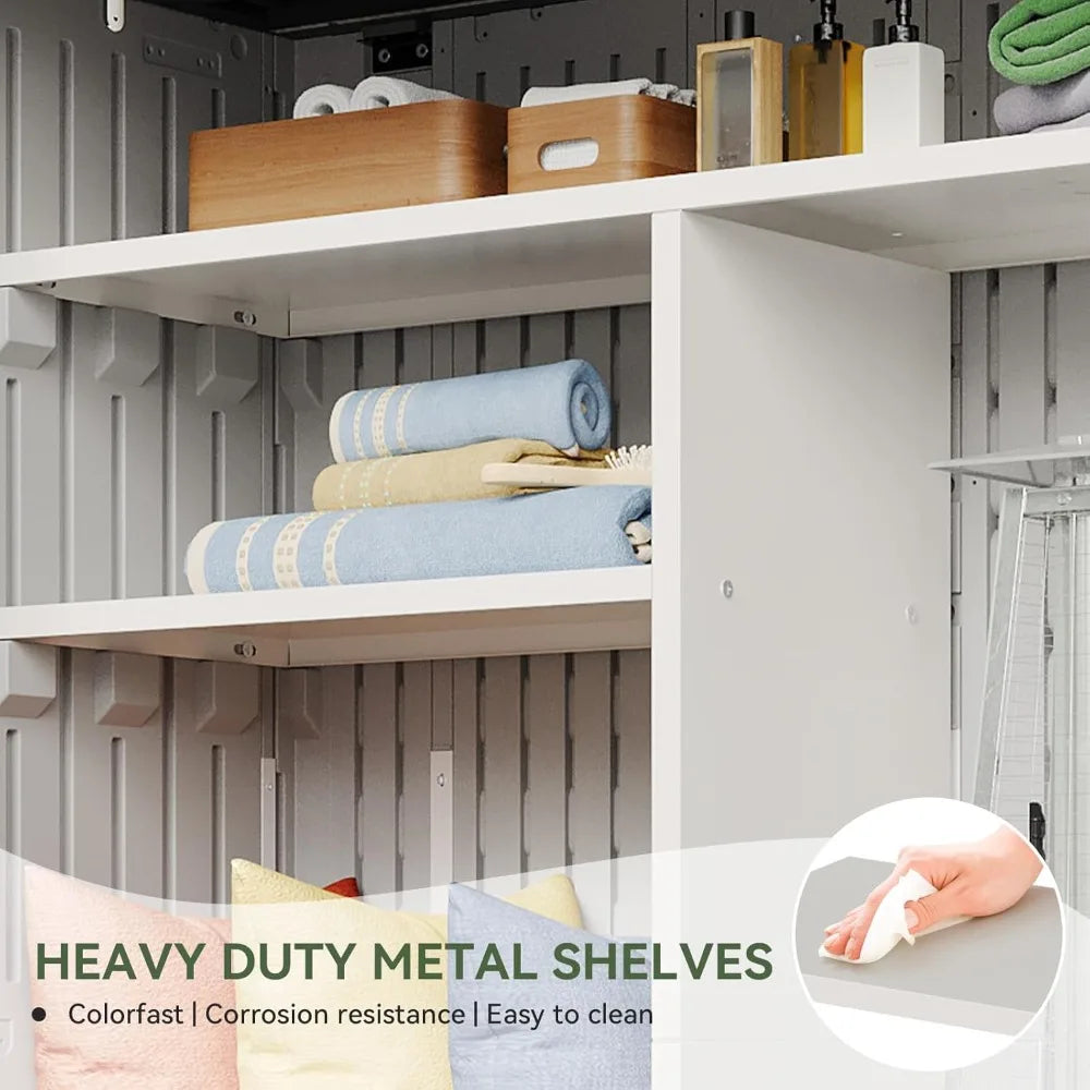 51.96in x 74.8in x 28.34in - RESIN OUTDOOR STORAGE SHED W/METAL SHELF & FLOOR KIT