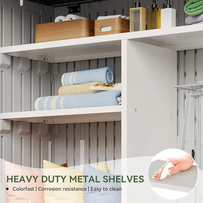 51.96in x 74.8in x 28.34in - RESIN OUTDOOR STORAGE SHED W/METAL SHELF & FLOOR KIT