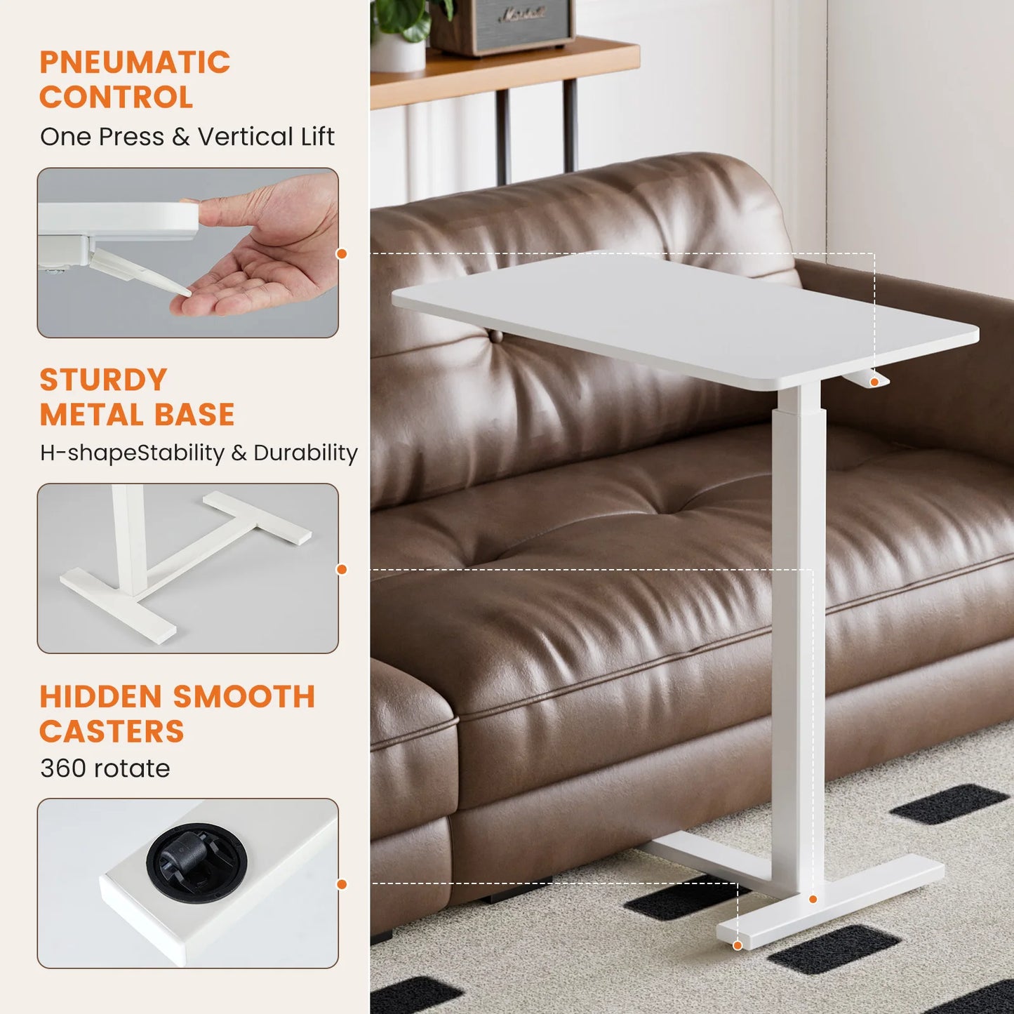 OVERBED BEDSIDE SOFA TABLE W/HIDDEN WHEELS & ADJUSTABLE HEIGHT