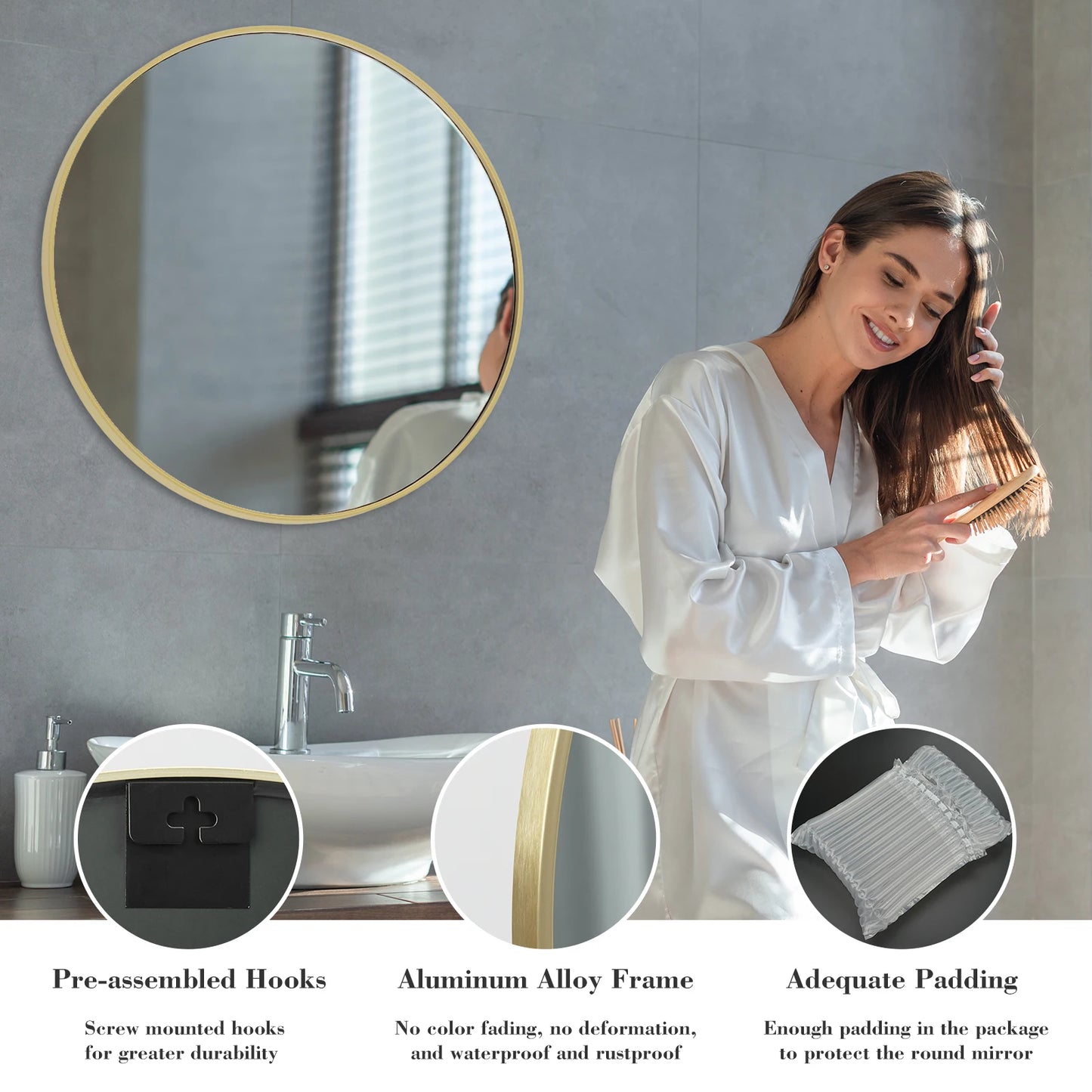 30in - LARGE ROUND TEMPERED GLASS FRAMED VANITY MIRROR