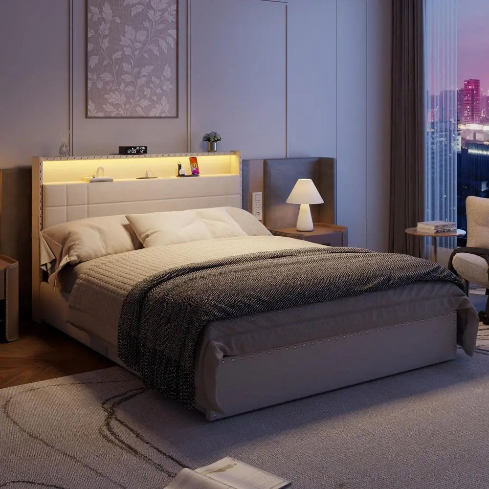 Queen Bed Frame,  Upholstered Platform Bed Frame  W/Storage