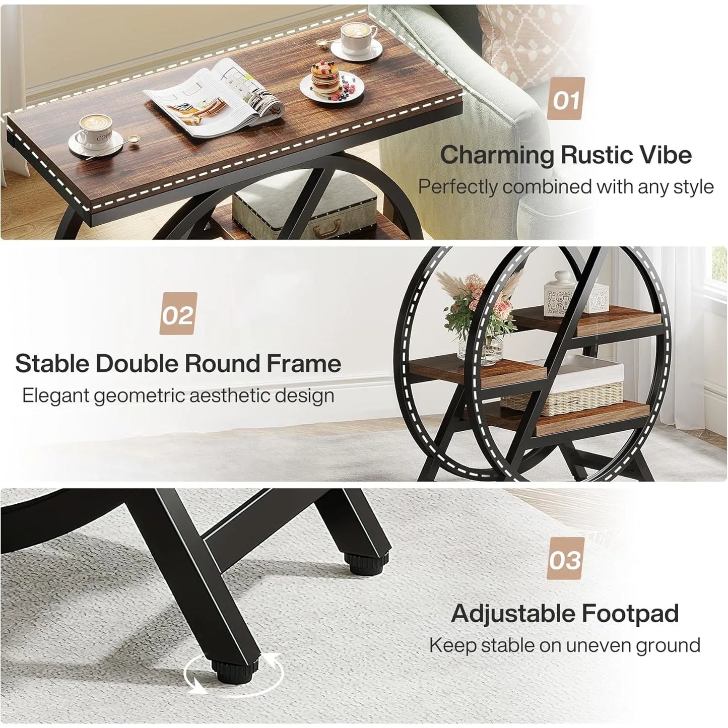 3-Tier - NARROW GEOMETRIC METAL FRAME SIDE TABLE W/STORAGE