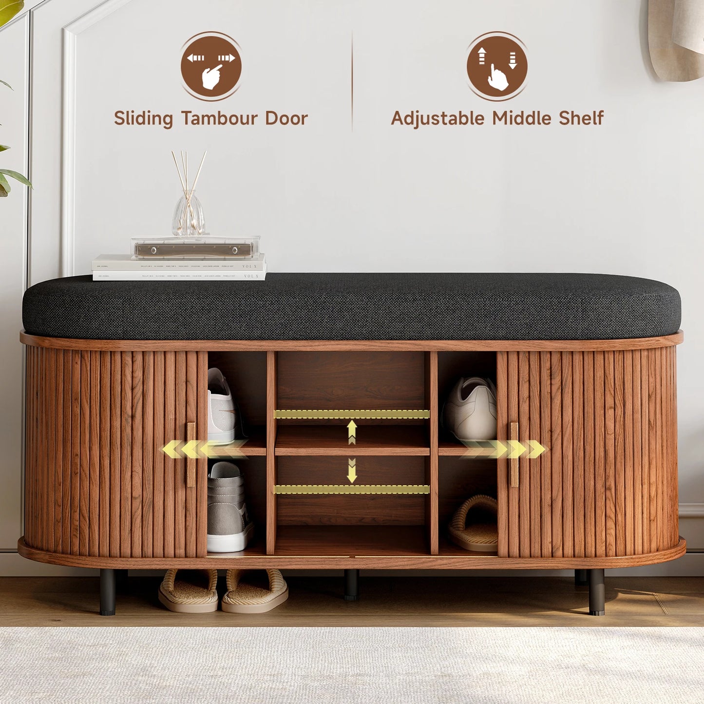 43.3in - SHOE STORAGE BENCH ORGANIZER W/STORAGE SHELVES & REMOBVhoe Storage Bench, 3 Tier Shoe Rack Bench Organizer with Storage, Cushion and Sliding Door Removable