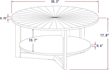 35in x 35in x 17.8in - 2-TIER ROUND RUSTIC WOODEN COFFEE TABLE W/STORAGEe Table for Living Room, 2 Tier Circle Coffee Table with Storage, Rustic Natural Coffee Table (35" Dx35 Wx18 H)