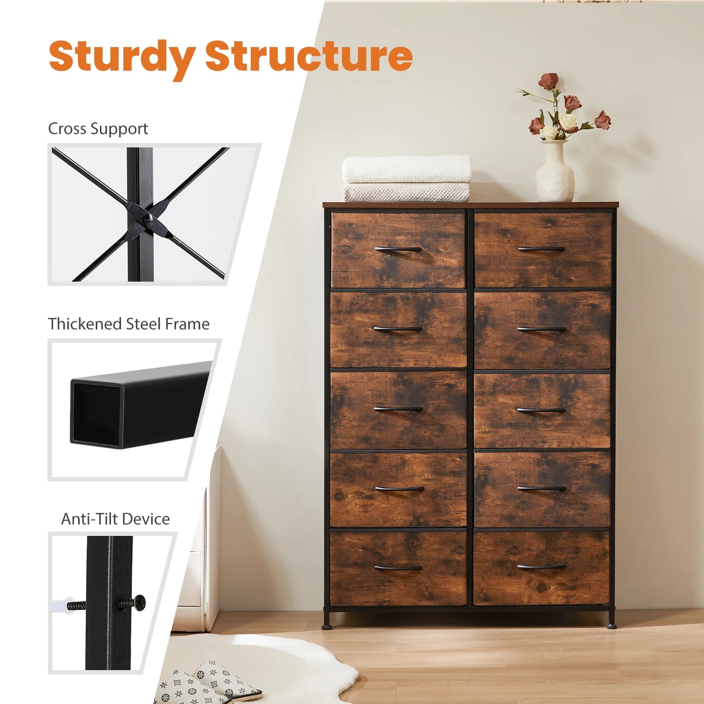DRESSER/WARDROBE/BEDSIDE TABLE W/10-FABRIC DRAWERS