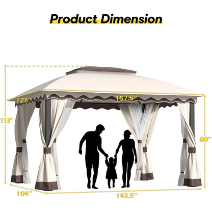 10ft ×13ft -  DOUBLE ROOF STEEL OUTDOOR GAZEBO W/MOSQUITO NETTING