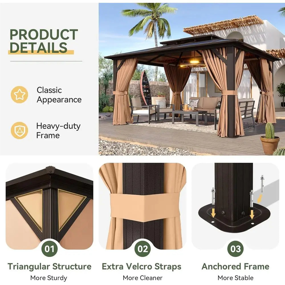 10-Foot x 12-Foot - Outdoor Brown Poly Pavilion W/Curtains & Netting