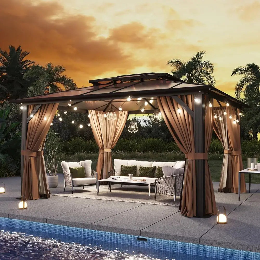 10-Foot x 12-Foot - Outdoor Brown Poly Pavilion W/Curtains & Netting