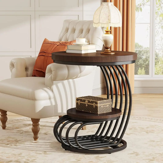 19.68" x 19.68in x 24.8in - ROUND ACCENT END SIDE TABLE 2-TIERS STORAGE